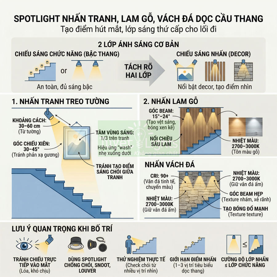 Hướng dẫn bố trí đèn spotlight nhấn tranh, lam gỗ và vách đá dọc cầu thang tạo điểm nhấn ánh sáng